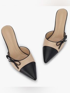 Mules Heels Beige Faux Leather Closed Pointed Toe Slip On Backless Shoes Pumps